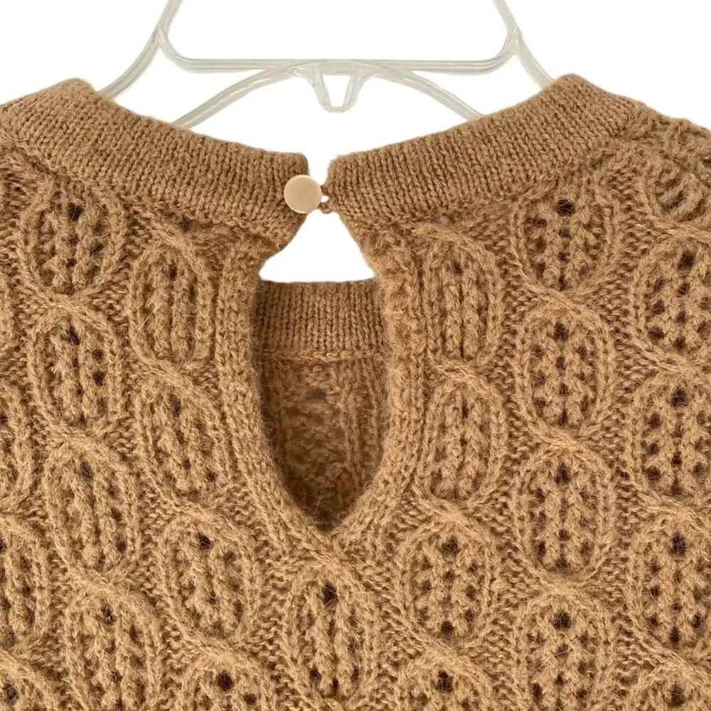 J. Crew Balloon Sleeve Open Weave Cable Knit Sweater XS Tan Brown Wool Alpaca